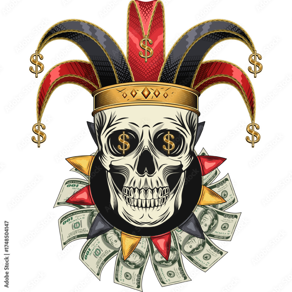Fototapeta premium Joker, jester skull in harlequin hat with golden dollar signs. Under skull is frill, jabot made with 100 US dollar bills and carnival pennants