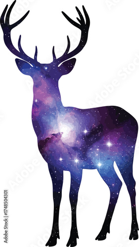 A majestic deer silhouette filled with a vibrant galaxy, isolated on white background, blending wildlife and cosmic wonder in a visually striking and unique artwork