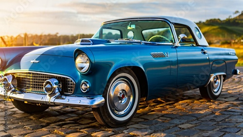 Classic blue ford thunderbird convertible gleaming under a warm sunset sky