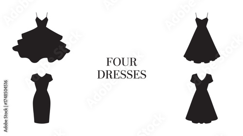 Silhouette of four different dresses elegant vector illustration for fashion and design isolated on white background