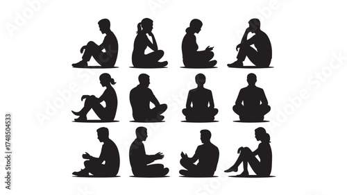 Set of sitting people silhouettes diverse men and women in various poses vector illustration isolated on white background