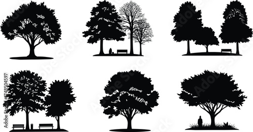  Beautiful park tree silhouettes with benches and people sitting, nature illustration vector, outdoor landscape design, peaceful black tree shapes for background and decoration