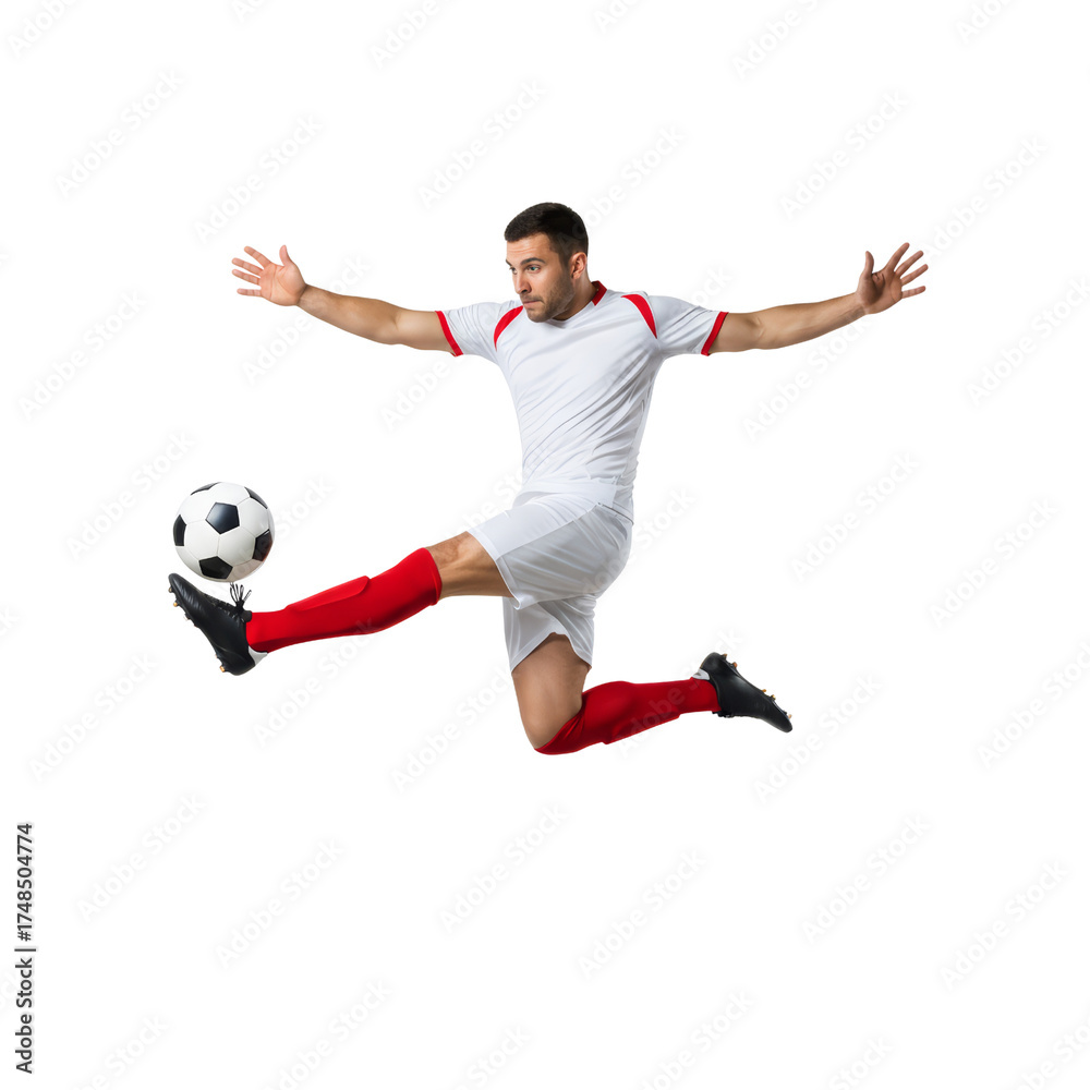 Fototapeta premium Dynamic soccer athlete soaring mid-air, executing a powerful kick with isolated background