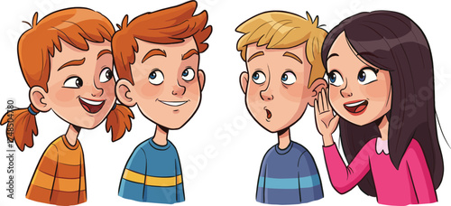  Cartoon kids whispering secret, surprised friends reaction, gossip communication between children, playful emotions, curiosity and friendship concept, funny childhood vector illustration