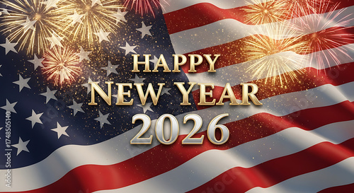 Wallpaper Mural Happy New Year 2026 Golden Text on United States Flag with Fireworks Celebration Torontodigital.ca