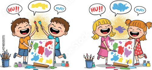 Happy children painting together, kids art class illustration, creative fun with colorful paint, teamwork and creativity concept, cartoon vector for education design