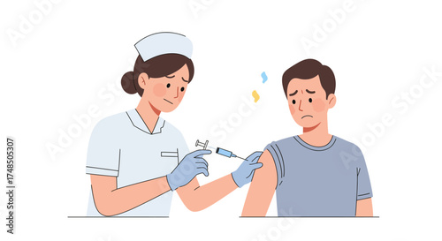 Nervous young man feeling anxious and scared of needles while receiving a vaccination injection from a female nurse in a medical clinic