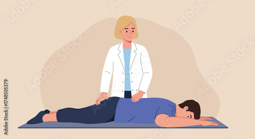 Doctor performing physical therapy on a patient lying on their stomach during a medical examination and rehabilitation session