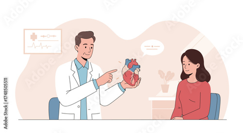 Doctor explains a heart model to a patient, illustrating a medical consultation and health education about cardiac care