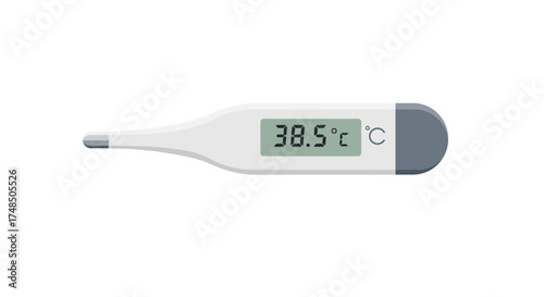 Digital medical thermometer displaying a high fever temperature of 38.5 degrees Celsius, isolated on a white background. Concept of illness and healthcare