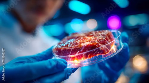 Scientist in gloves examining a piece of lab-grown meat under a microscope in a futuristic laboratory