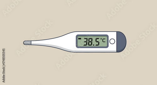 Digital clinical thermometer displaying 38.5 degrees Celsius, indicating fever and illness. Essential for health monitoring and detecting symptoms of sickness, a vital medical device