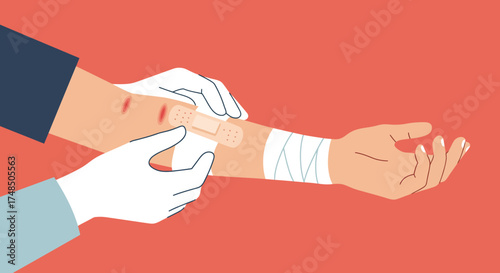 Applying a bandage to a wound on a person's arm, a medical first aid procedure