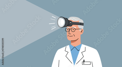Experienced male doctor wearing a headlamp for a precise examination or surgical procedure, symbolizing focused medical attention and diagnostic accuracy in healthcare