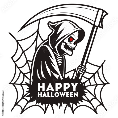 Happy Halloween Grim Reaper Vector – Spooky Skeleton with Scythe & Spiderweb – Holiday Celebration – Horror Night Graphic