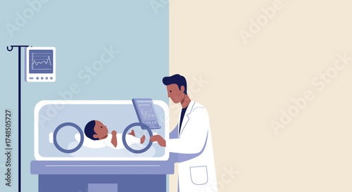 A compassionate physician vigilantly oversees a fragile newborn in a state-of-the-art incubator, symbolizing expert medical care and advanced neonatal technology within a modern hospital setting