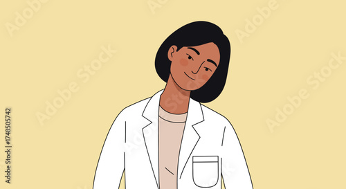 Confident medical professional illustration in lab coat with serene expression against a plain background