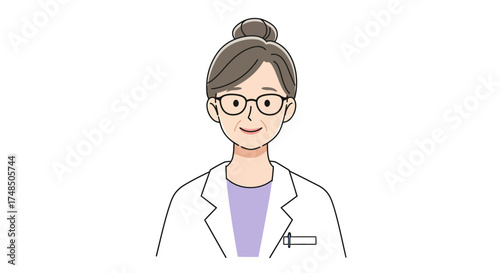 Vector illustration of a senior woman in a lab coat. A smiling female doctor, scientist, or professor with glasses and grey hair