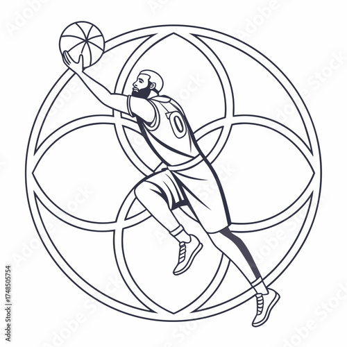 Vector art of a dynamic line art illustration of a basketball player in midair, reaching for the ball against a backdrop of intersecting circles