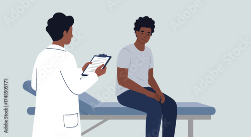 Doctor consults patient in medical office, illustration of healthcare examination and medical check-up