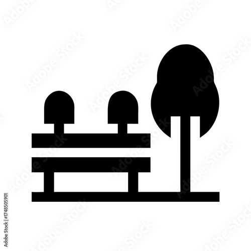 Vector art of a serene park bench nestled beside a lush tree, , inviting relaxation and contemplation in the tranquil embrace of natures beauty