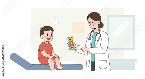 Caring female pediatrician comforting a nervous young boy with a teddy bear during a medical check-up in a modern clinic examination room, illustrating pediatric healthcare