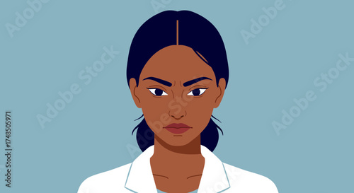 A strong and determined female doctor or scientist with a serious expression, illustrated in a flat vector style