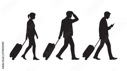 Silhouettes of business travelers with luggage vector illustration of people walking with suitcases isolated on white background