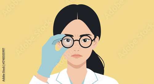 Female scientist examining eye with a glove, vector illustration of a medical examination