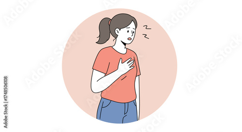 Illustration of a woman experiencing shortness of breath, clutching her chest with a concerned expression, suggesting a health concern or panic attack