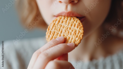 Person holding sandwich cookie close to mouth ready to eat, showing snack enjoyment and delicious treat moment.