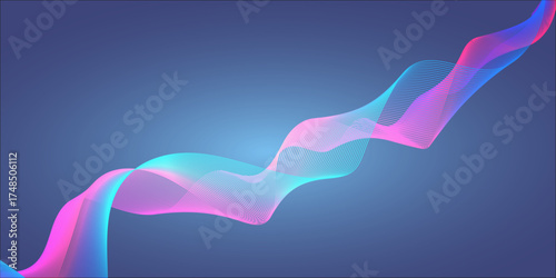 Dynamic abstract wave of colorful light streaks in pink and cyan flowing across a deep blue gradient background, perfect for futuristic or energetic digital art