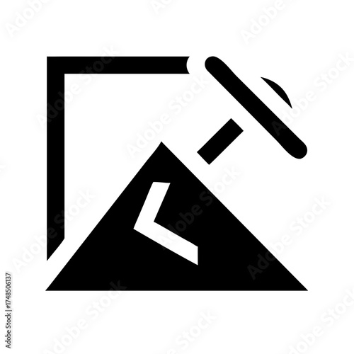 Vector art of black and white illustration of a mining operation with a mountain, drill, and support structure