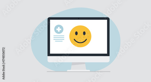 Medical Smiley Icon on Computer Screen Mental Health, Positive Emotions, and Healthcare Concept