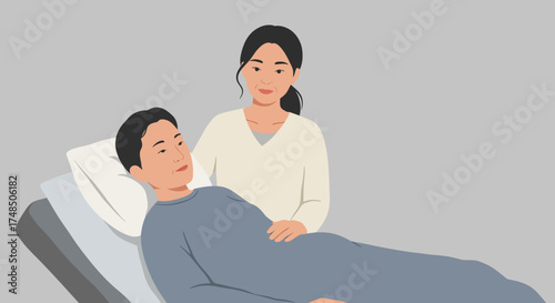 Caring Nurse Assisting Patient Lying Down in Hospital Bed, Professional Healthcare Support