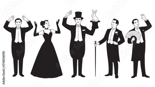 Group of vintage performers including a magician with a rabbit in retro vector illustration style for entertainment and design