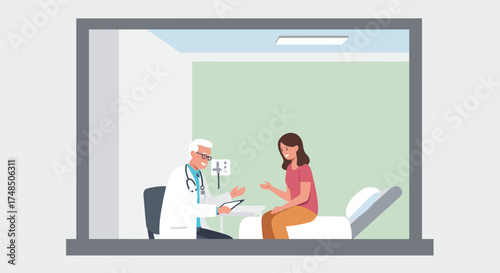 Doctor Examining Patient in a Medical Office, Healthcare Consultation Illustration