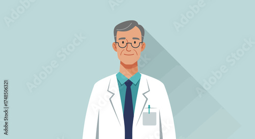 Professional senior male doctor or physician in a white lab coat, standing confidently. An illustrated portrait of an experienced medical healthcare expert