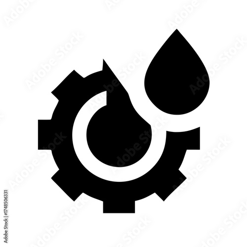 Vector art of gear and oil drop icon symbol of lubrication, maintenance, or mechanical engineering, representing industrial processes and fluid dynamics