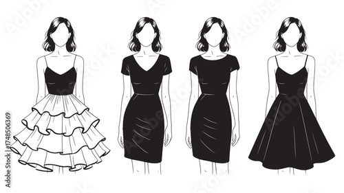 Collection of little black dresses fashion illustration of various styles vector design for apparel and style guides