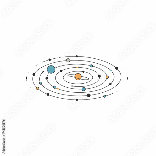 Minimalist Pastel Solar System Vector Illustration with Concentric Orbits and Celestial Bodies