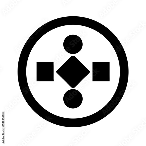 Vector art of geometric shapes arranged symmetrically inside a circle, the design features squares, circles, and a diamond, creating a balanced and modern emblem