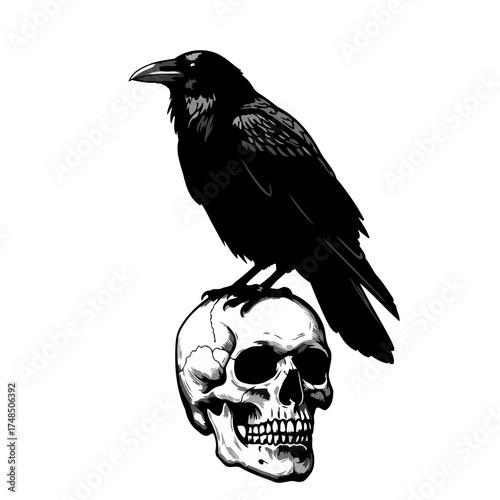 Gothic Vector Illustration of a Black Raven Perched on a Detailed Human Skull in Monochrome