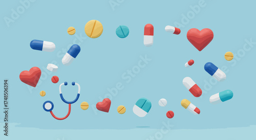 Conceptual 3D illustration featuring colorful medical pills, capsules, hearts, and a stethoscope arranged in a decorative frame, symbolizing health and wellness
