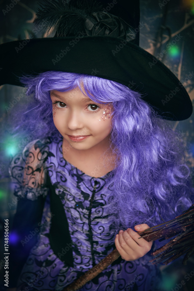 Fototapeta premium Smiling Little Witch with Broom
