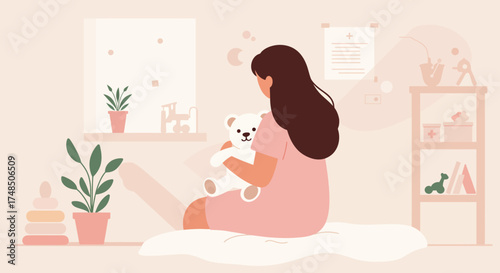 Tender moment of a mother embracing a soft teddy bear in a peaceful pastel-colored nursery, symbolizing love, comfort, and childhood innocence