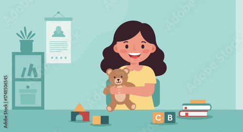 Happy little girl playing with her teddy bear and educational toys, illustrating playful learning and early child development