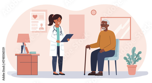 Doctor consulting with elderly patient in a medical office, providing healthcare advice and support