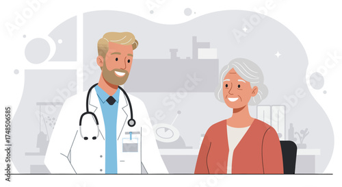 Friendly male doctor consulting with an elderly female patient in a healthcare setting, emphasizing empathetic medical care and senior well-being during a routine check-up