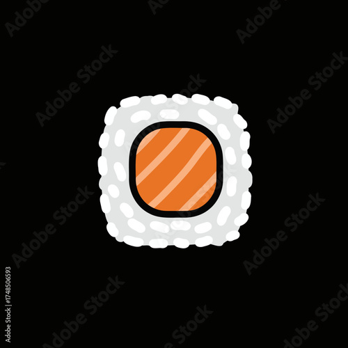 Minimalist Salmon Maki Sushi Roll Vector Illustration on Black Background